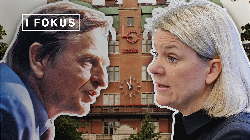 Montage med Olof Palme och Magdalena Andersson med LO-huset i bakgrunden