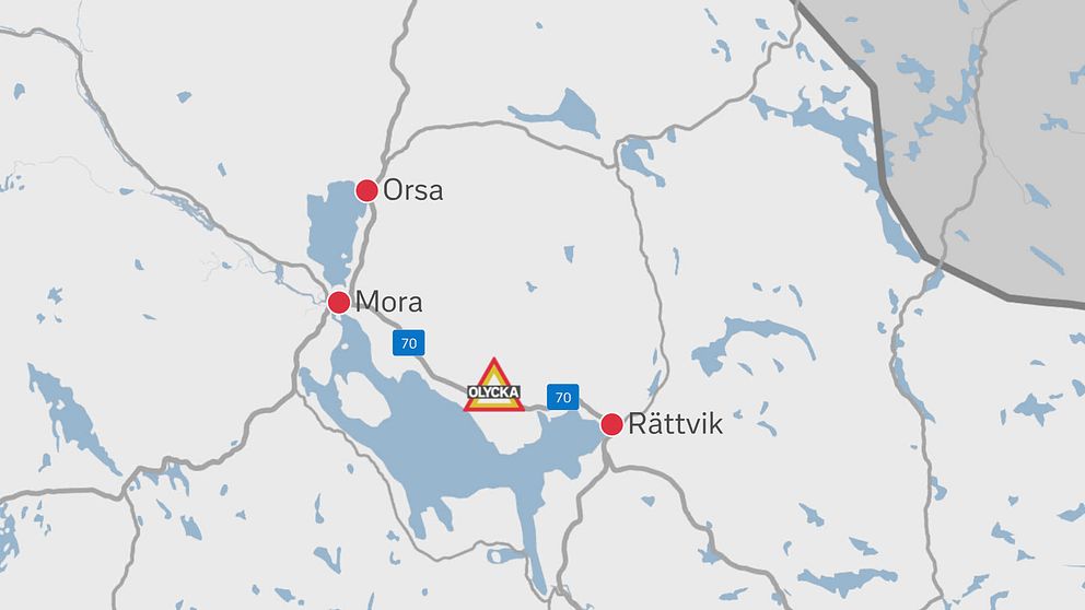 En grafisk karta över Mora och Rättvik och en olycksskylt på väg 70.