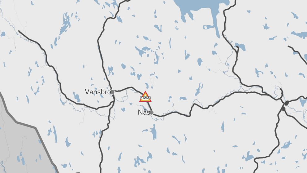 Karta över var lastbilen vält. Man ser orterna Vansbro och Nås, varpå olyckan inträffat mellan de orterna.