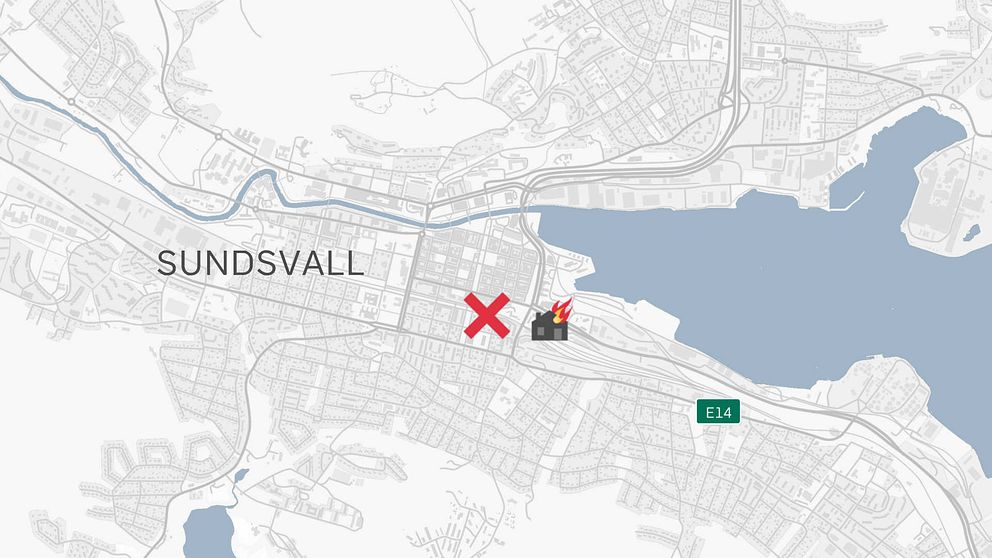 grafik-karta över Sundsvall  med brandplats utmarkerad