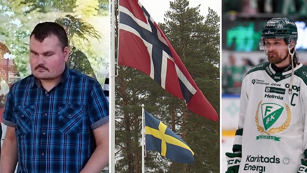 Tre bilder, Rickard Borén till vänster, norska och svenska flaggan i mitten och Färjestads lagkapten Linus Johansson till höger.