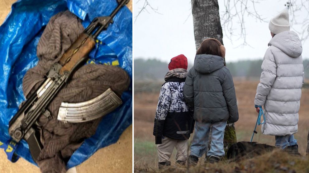 Delad bild. Vänster: vapen på blå presenning. Höger: tre barn står vid ett träd utomhus.