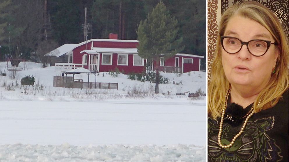 En röd stuga omgiven av snö på en sjö med träd i bakgrunden, samt en närbild på en kvinna med ett smycke på halsen, sittande framför en dekorerad bakgrund.