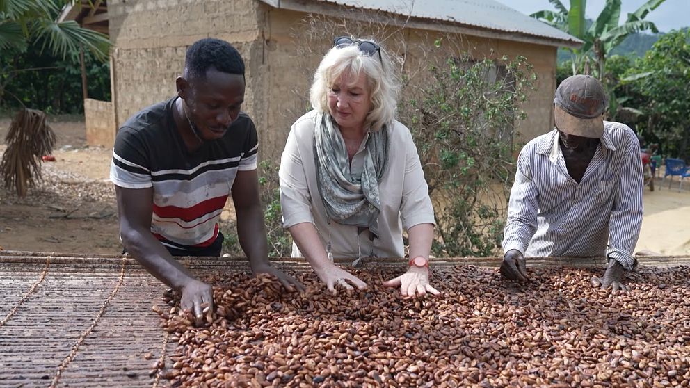 Opoku Gyemfi Ahafo och Erika Bjerström drar händerna över kakaobönor