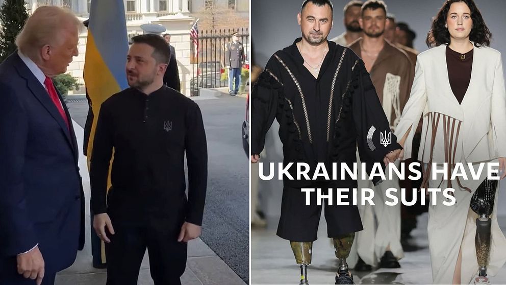 Tvådelad bild. Vänster: Trump och Zelensky samtalar utomhus. Höger: Modeller i modevisning, text ”UKRAINIANS HAVE THEIR SUITS”.