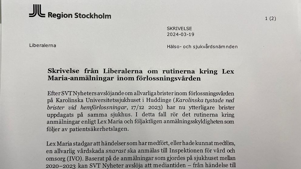 Bild på skrivelsen från Liberalerna i Region Stockholm – skrivelsen ska lämnas in till hälso- och sjukvårdsnämnden.