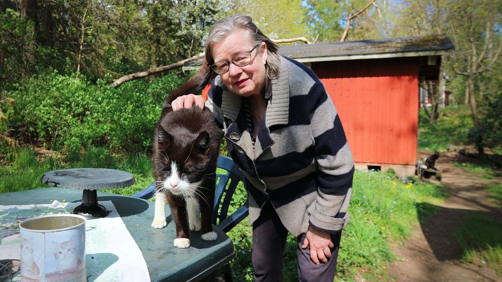 Person klappar en katt utomhus vid ett bord, med röd stuga och grönska i bakgrunden.