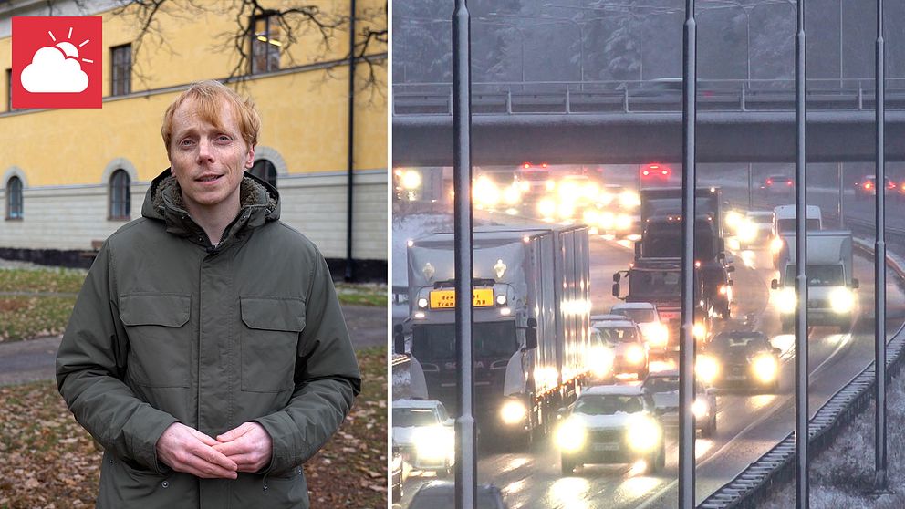 Meteorolog Marcus Sjöstedt och biltrafik i snöväder.