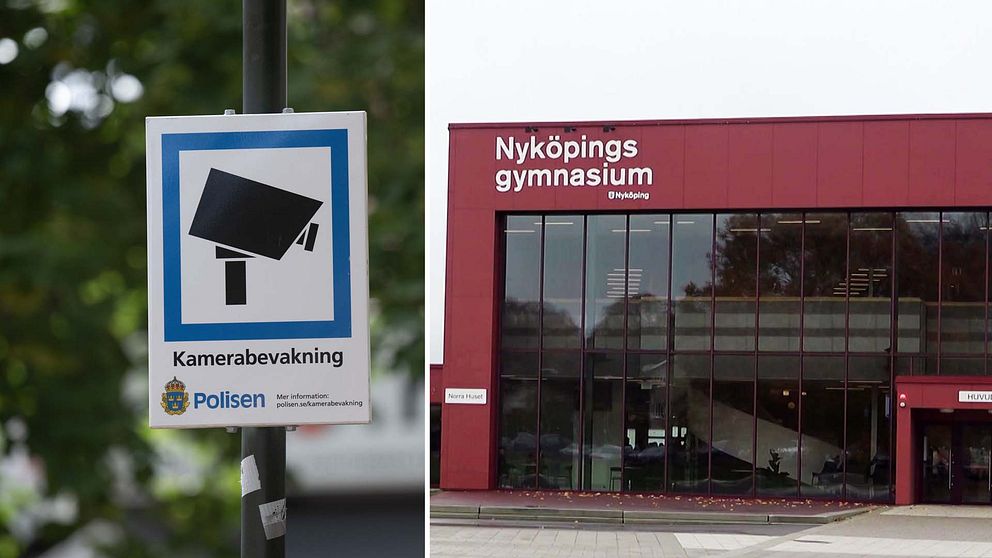 En skylt om kamerabevakning, med polisens logotyp på. Entrén till Nyköpings gymnasium.