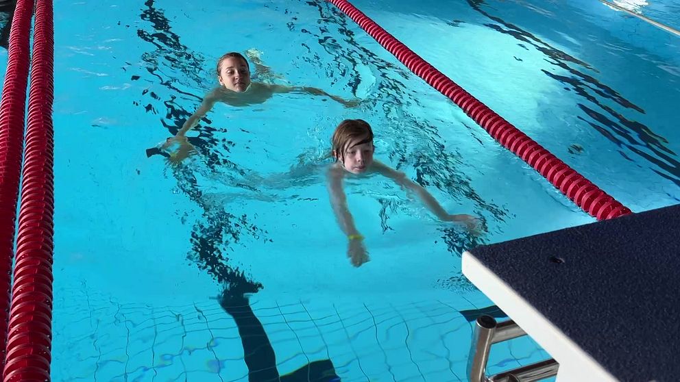 Loke och Milton simmar tillsammans i bassängen under höstlovet i Karlshamn.