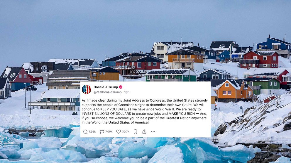 Färgglada hus i snöigt Grönland. En tweet från Donald Trump överlappar bilden.