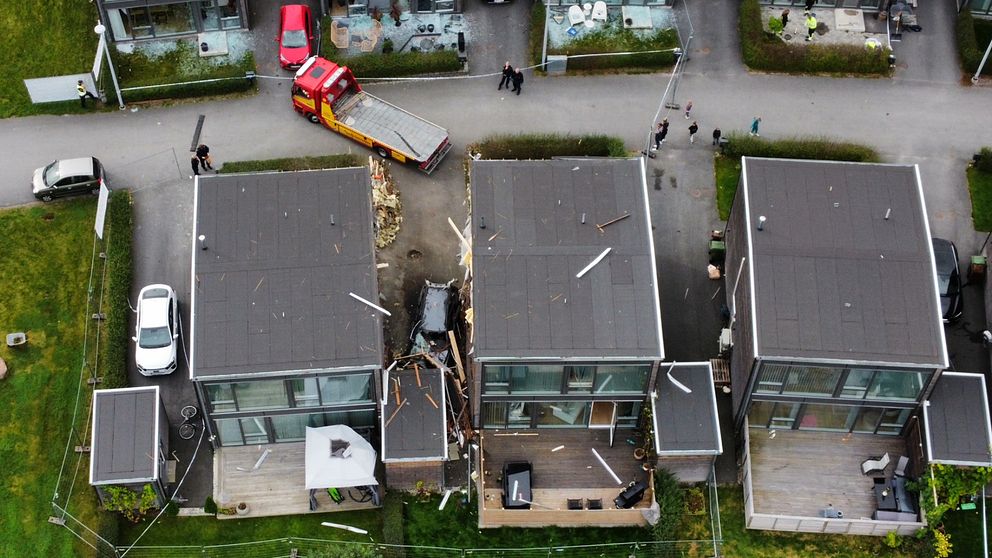 Drönarbild över husen som sprängdes i Fullerö