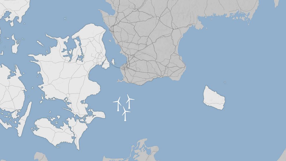 Tre vindkraftverk i grafik som illustrerar projektet Kriegers flak, cirka 30 kilometer söder om Trelleborg.