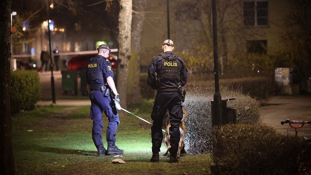 Två poliser och en sökhund på plats i Solna.