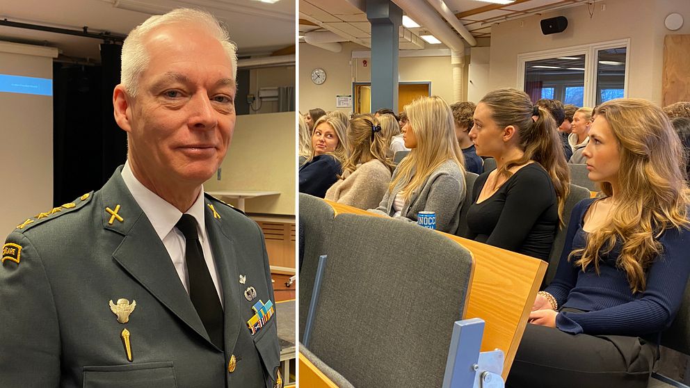 Överstelöjtnant Joakim Paasikivi får frågor om Nato av gymnasieelever