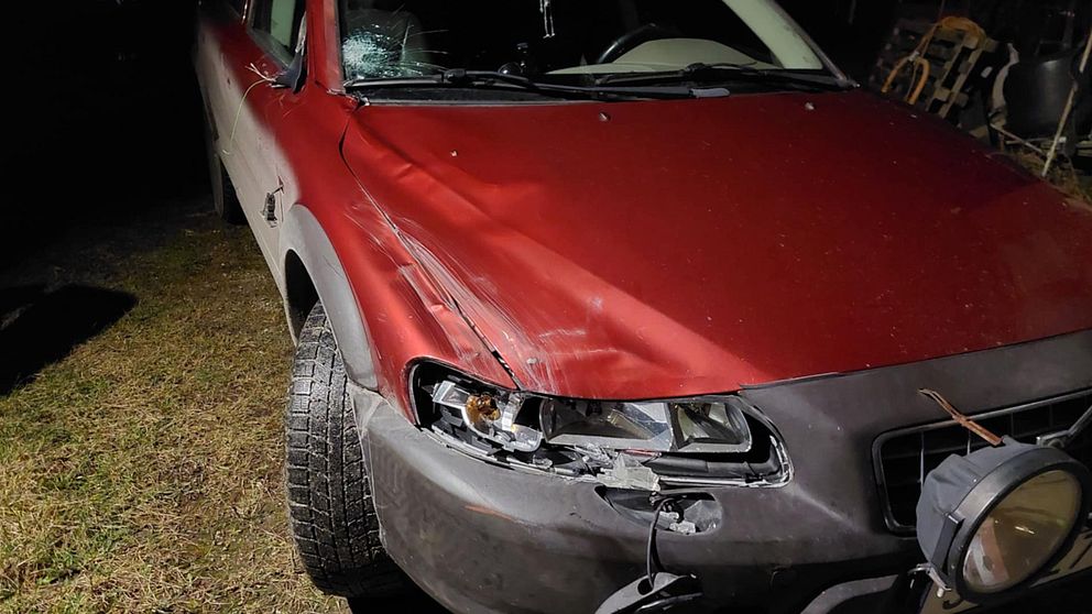 En röd bil med skador på den främre vänstra sidan, inklusive bucklor och brutet lykthus, står på en gräsmatta i svagt ljus. Bilen verkar ha varit inblandad i en olycka.