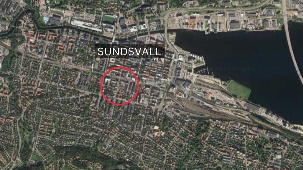 Kartbild på centrala Sundsvall, med kvarteret bisittaren markerat i en röd cirkel