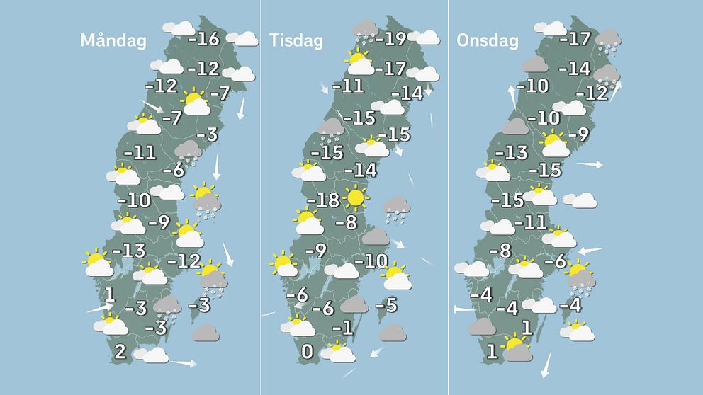 Tredelad väderkarta gällande måndag, tisdag och onsdag.