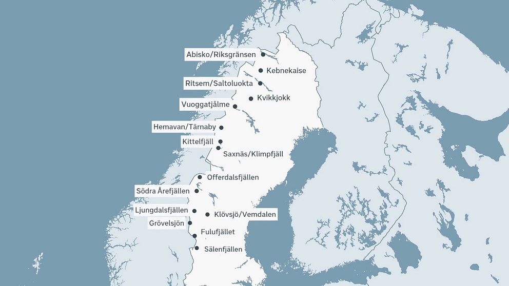 Bild över fjällområden som Naturvårdsverket följt svenska fjällturister i