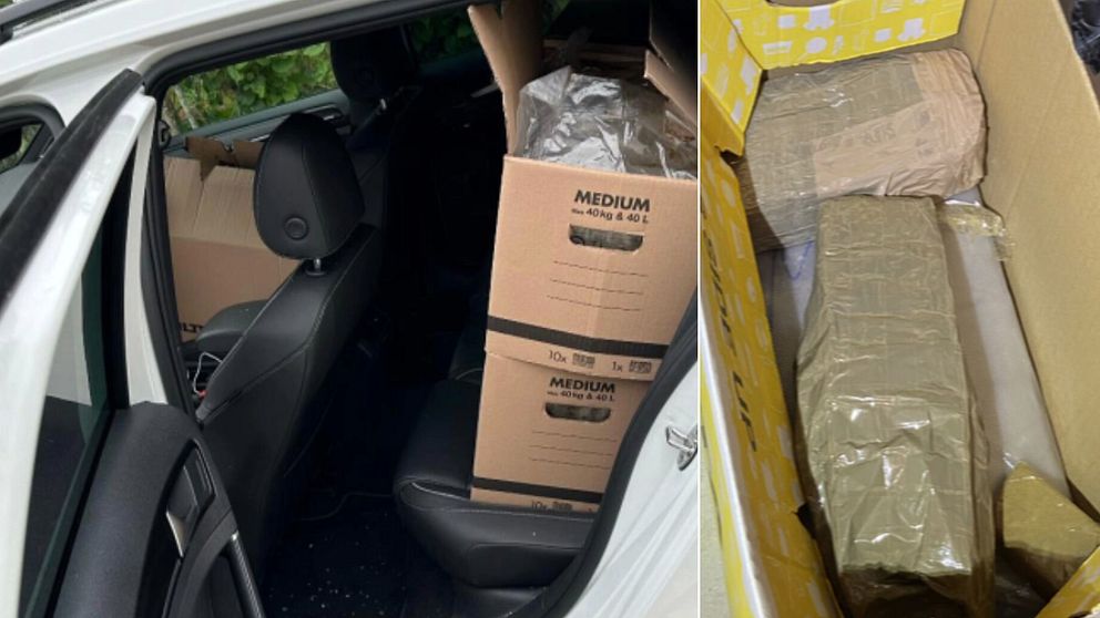 Bilder på flyttkartonger med knark i en bil