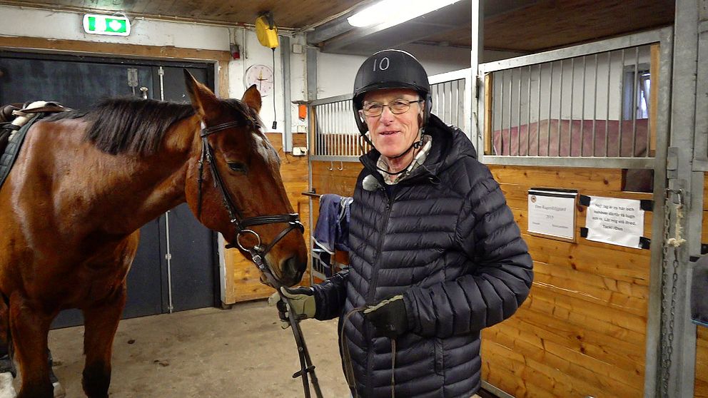 En person står i en häststall och håller i ett hästhuvud med en grimma. Personen bär en svart jacka och hjälm, medan stallinredningen i bakgrunden visar träväggar och stallfack. Det är en lugn miljö med inomhusbelysning.