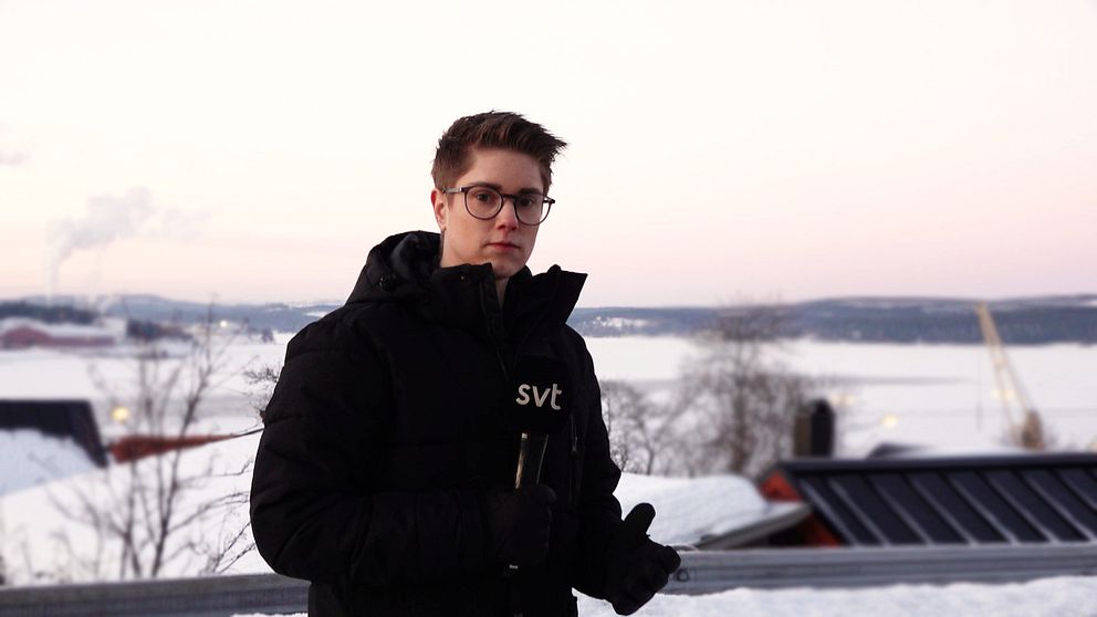 SVT:s reporter Sara Carlzén i Härnösand med utsikt över havet i bakgrunden..