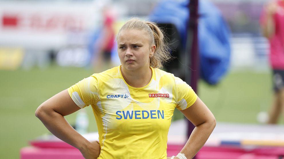 Grete Ahlberg under damernas försök i slägga under friidrotts-EM på Stadio Olimpico i Rom.