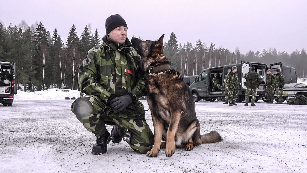 Hemvärnssoldaten Mats Hallin med sin hund Jango förbereder sig på övning med Dalregementsgruppen.