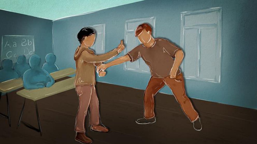 Illustration på hur en lärare greppar en elev som i sin tur visar långfingret.