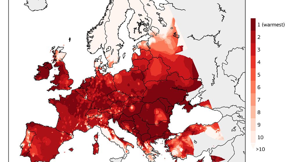 Map of Europe with ranking of average annual temperatures by country.