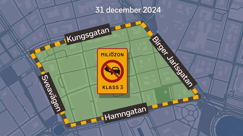 Karta över området som kommer att ingå i miljözon klass 3: kvarteren innanför ”ringen” som bildas av Kungsgatan, Birger Jarlsgatan, Hamngatan och Sveavägen.