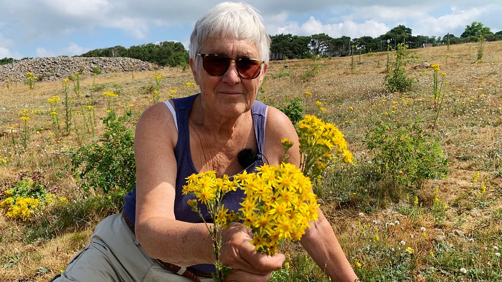 Margareta Lindgren från Hallands botaniska förening håller i en bukett med stånds.