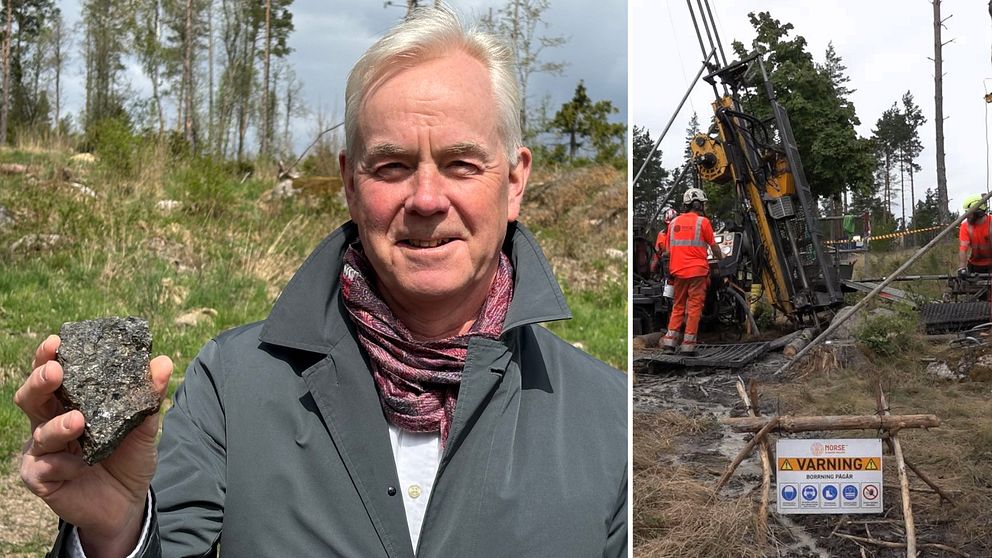 Delad bild. Till vänster: person håller upp stenprov i skog. Till höger: arbetare vid borrigg.