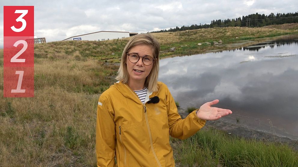 Sara Jansson, dagvattensamordnare, står framför en damm. Runt dammen växer gräs i grönt och gult. Sara är i 30-års åldern och har blont axellångt hår, runda glasögon och en gul regnjacka. Hon håller upp ena handen och pekar mot vattnet.