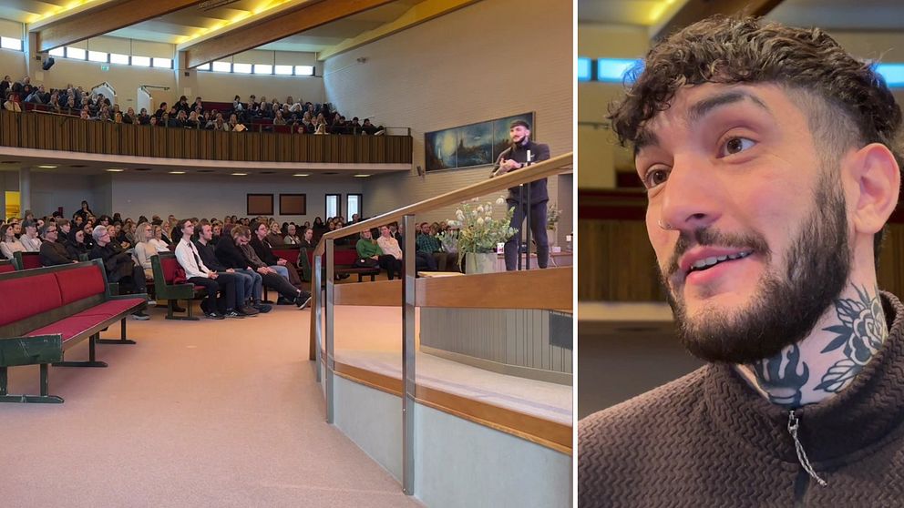 Atilla Yoldaș står på scenen framför gymnasieelever när han föreläser om machokultur.