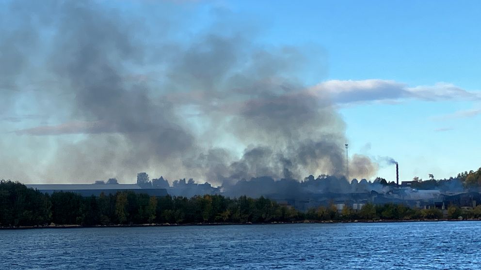 Utsikt över himlen i Kalix där svart rök stiger från en industriell anläggning i bakgrunden, med en lugn sjö i förgrunden och gröna träd längs strandlinjen.