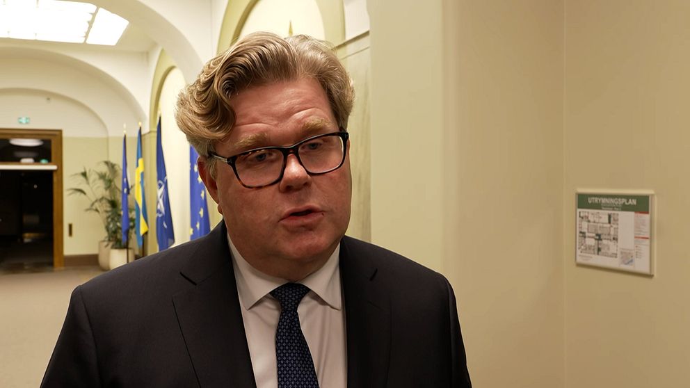 En person står i en hall med flera flaggor i bakgrunden. Personen är klädd i en kostym och ser ut att vara i en officiell miljö.