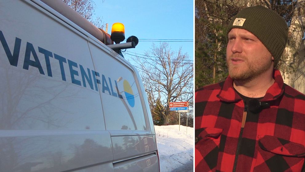 Vänster del visar en Vattenfall-van med en blinkande lampa och en snötäckt väg i bakgrunden. Höger del visar en person i röd- och svartrutigt mönster med en vintermössa, som står utanför i kallt väder.