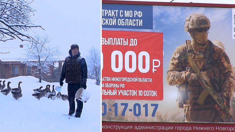 Tvådelad bild. Vänster: Person går med gäss i snön. Höger: Reklam med soldat och siffran ”000”.