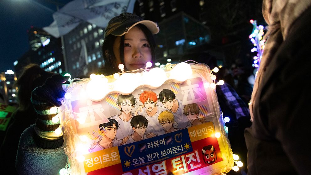 En person håller upp en färgglad skylt dekorerad med ljusslingor, som visar en illustration av flera karaktärer i en grupp, tillsammans med text på koreanska. Skylten är synlig vid en nattlig demonstration, där andra deltagare också kan ses i bakgrunden.