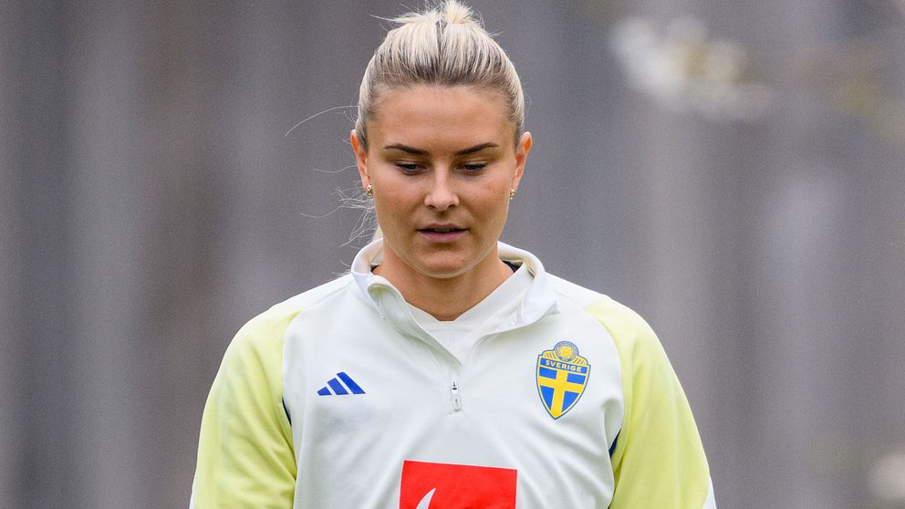 En person klädd i en svensk fotbollströja står framför en suddig bakgrund. Tröjan har ett blått och gult svensk landslagsmärke samt en röd logotyp på bröstet.