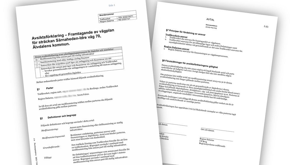 Två dokument från region Dalarnas fullmäktigeprotokoll i oktober 2023, som visar avsiktsförklaringen om vägen mellan Idre och Särna.