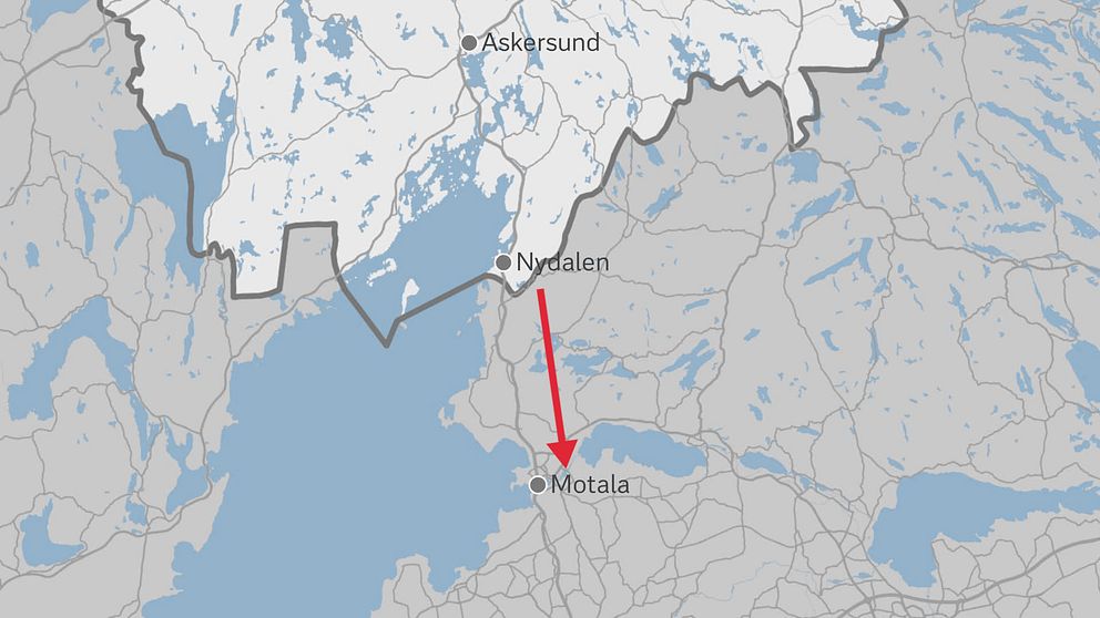 Karta som visar orten Nydalen och en pil mot Motala.