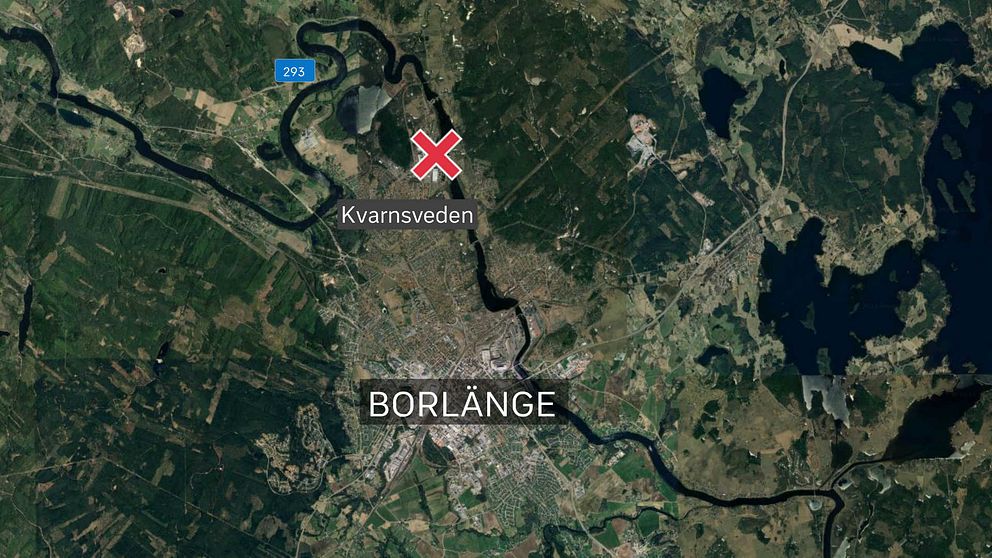 Karta som visar området kring Borlänge med en markerad plats för Kvarnsveden. Ett rött kryss indikerar den ungefärliga olycksplatsen.