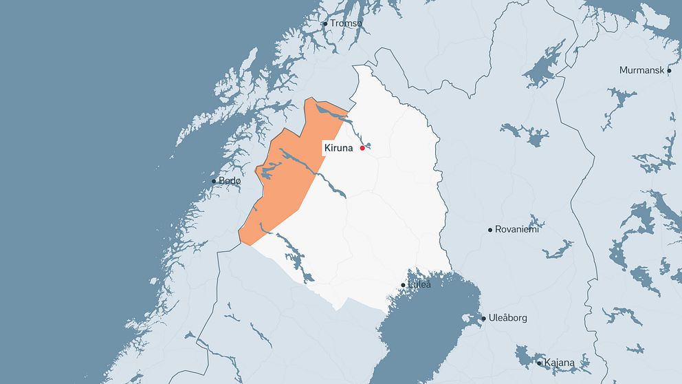 Karta över Norge och Sverige med fjällkedjan i Norrbotten markerad i orange.