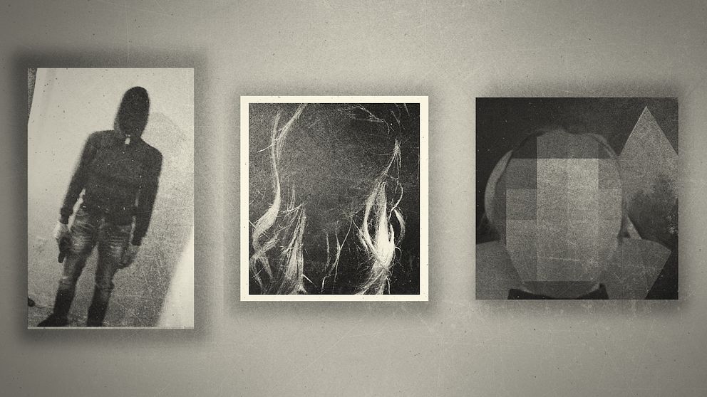 Tredelad bild. Vänster: silhuett av en person. Mitten: abstrakta linjer. Höger: geometriska former.
