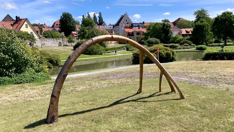Konstverket lyssnandet i form av ett böjt träd, syns i amlmedalen.