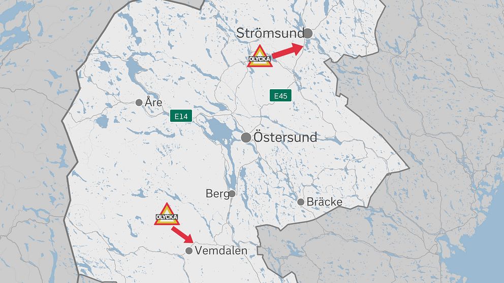 Karta med Strömsund, Vemdalen mm. och olycksplatserna på E45 och väg 315 markerade