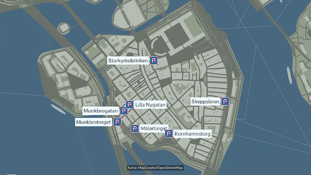 Karta över Gamla stan där de parkeringsplatser som ska tas bort finns markerade