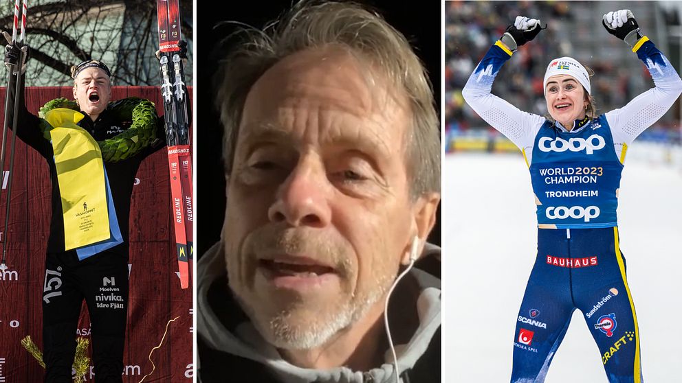 Tredelad bild. Vänster: glädje på prispall. Höger: skidåkare i segerpose.